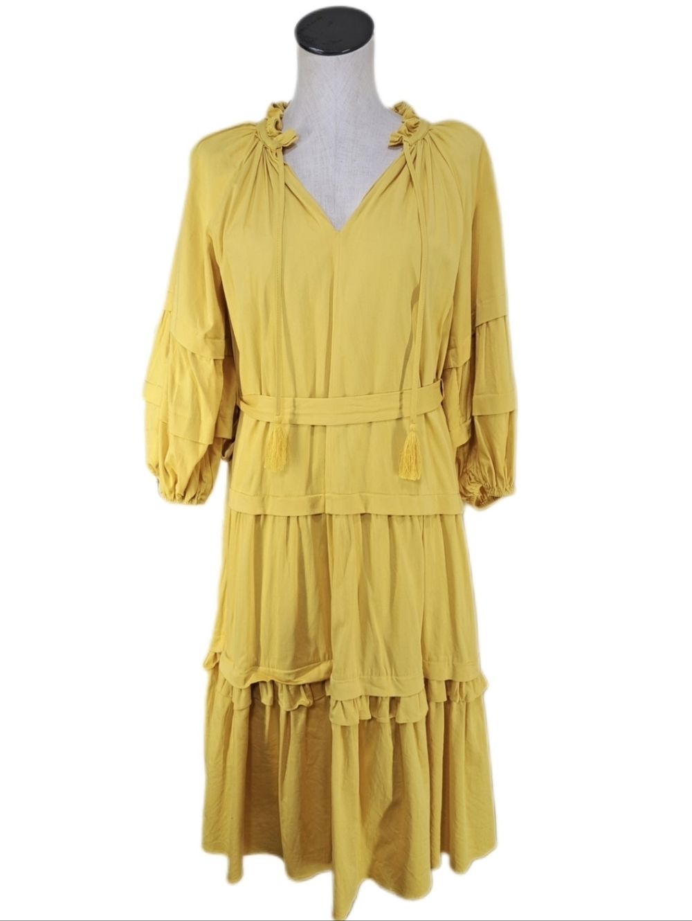 Elie Tahari Tassel Midi Ruffle Dress Balloon Sleeves Golden Yellow Size XS